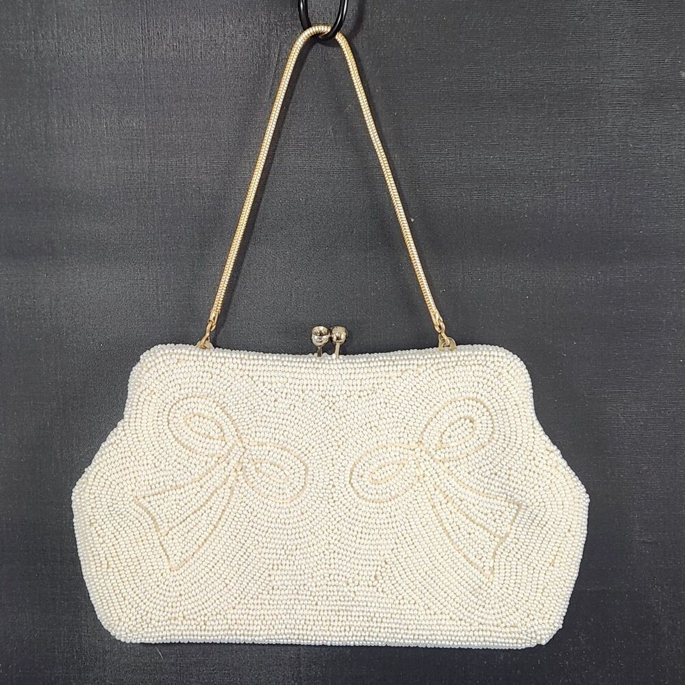 Hand Beaded Ivory Evening Bag w Bow Design Japan Cream Purse Great Condition VTG